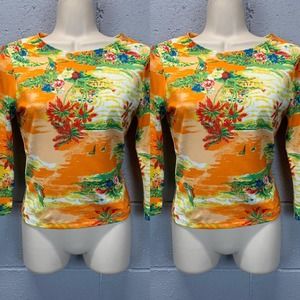 Vintage 80 Orange Hawaiian Print Stretchy Crop Top Small  B10